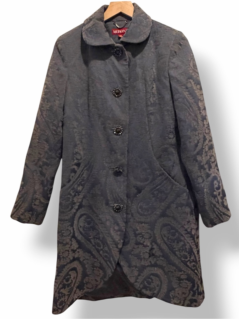 Silvery Blue Gray Jacquard Long Coat SM Jeweled Buttons Goth Steampunk Victorian